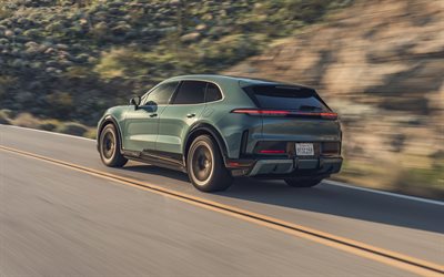 4k, porsche cayenne turbo elétrico, desfoque de movimento, carros 2026, vista traseira, carros elétricos, porsche cayenne, cruzamentos, porsche cayenne 2026, carros alemães, porsche