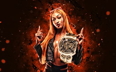 jakara jackson, 4k, orange neonljus, wwe, kreativ, amerikansk brottare, jamara garrett, jakara jackson med bälte, orange abstrakt bakgrund, world wrestling entertainment, brottare, jakara jackson 4k