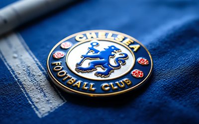 Chelsea FC metal logo, 4k, blue white metal background, Chelsea, Premier League, Chelsea FC logo, Chelsea FC emblem, England, Chelsea FC, football