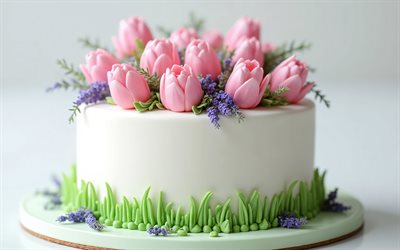 Cake decorated with tulips, 4k, cake decorated with pink tulips, spring cake, spring cake ideas, tulips for cake, pink tulips, spring