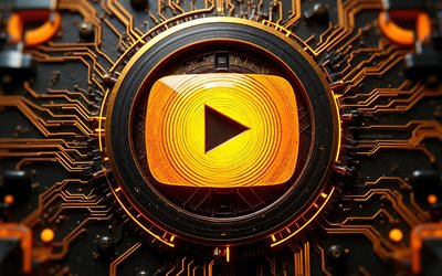 4k, YouTube glass logo, darkness, golden hi-tech background, social networks, brands, creative, YouTube logo on microcircuit, YouTube golden button, artwork, YouTube logo, YouTube