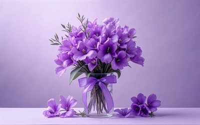 يوستوما البنفسجي, 4k, تقليلية, تكساس بلوبيل, مزهرية زجاجية, خلفية بنفسجية, زهور الربيع, باقة من يوستوما, زهور جميلة, القوس البنفسجي, ربيع, الخلفية مع يوستوما, زهور البنفسج, يوستوما