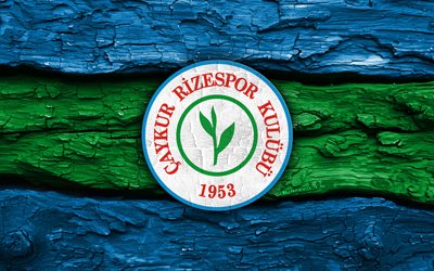 Rizespor wooden logo, 4k, blue green wooden background, Super Lig, soccer, Rizespor logo, football, Rizespor emblem, Rizespor, turkish football club, Rizespor FC