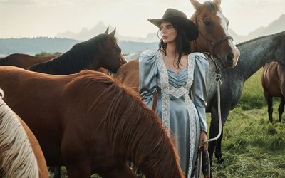 4k, kendall jenner, caballos, sesión de fotos de moda, celebridad americana, belleza, modelos de moda americanos, mujer morena, estrellas de cine, actriz estadounidense, hermanas jenner