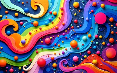 4k, موجات ثلاثية الأبعاد ملونة, التجريدات الملونة, كرات ملونة, المجالات, منحنيات ثلاثية الأبعاد ملونة, فن ثلاثي الأبعاد, عمل فني, موجات مجردة ملونة, خلفية متموجة مجردة, موجات مجردة, خلفيات مجردة