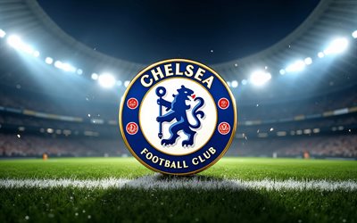 chelsea fc metalllogga, 4k, fotbollsstadion, strålkastare, premier league, fotboll, chelsea fc logotyp, engelska fotbollslaget, chelsea fc 3d logotyp, chelsea fc
