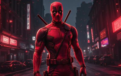 데드풀, 4k, 붉은 빛, 슈퍼 히어로, 거리, 사이버펑크, 마블 코믹스, 밤, 데드풀 아트, 팬 아트, 데드풀 4k