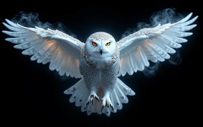 coruja branca com asas estendidas, 4k, coruja nevada, aves de rapina, coruja branca, gemas brancas, coruja, fundo preto, predadores, corujas, coruja polar