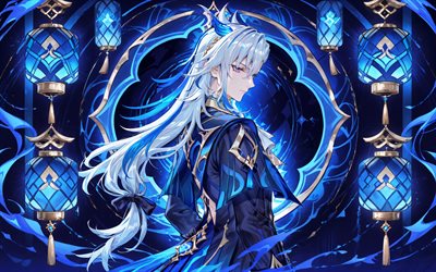 4k, neuvillette, linternas japonesas, oscuridad, impacto de genshin, violinista, fondo abstracto azul, personajes de anime, obra de arte, personajes de impacto de genshin, impacto de neuvillette genshin