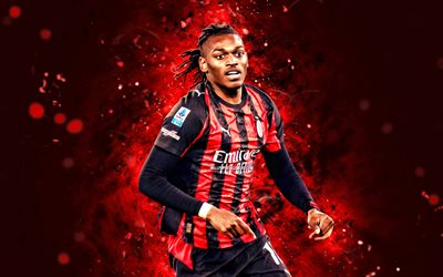 4k, rafael leão, fundo abstrato vermelho, ac milão, série a, futebolistas portugueses, rafael leão 4k, luzes de néon vermelhas, futebol, milão fc, rafael leão milão