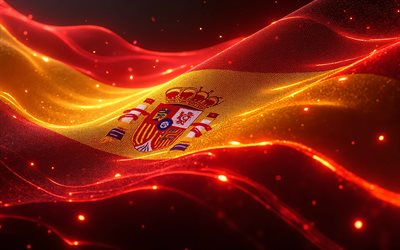 4k, bandera resplandeciente de españa, bokeh, bandera de españa, dia de españa, arte 3d, bandera española, bandera de neón de españa, ondas de neón bandera de españa, bandera de españa 3d, bandera abstracta de españa, españa