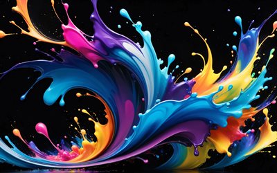 4k, رذاذ الطلاء الملون موجات, خلفية سوداء, مبدع, التجريد الملونة, موجات مجردة ملونة, فن الطلاء, خلفية متموجة مجردة, منحنيات مجردة, بقع الطلاء, موجات مجردة, خلفيات مجردة