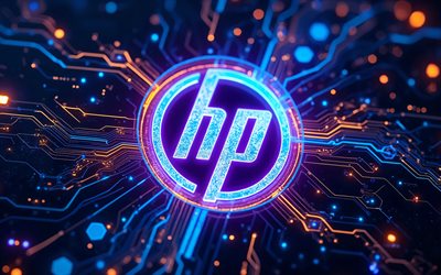 logotipo brillante de hewlett packard, 4k, fondo azul de alta tecnología, conductores, marcas de electrónica, creativo, logotipo de hewlett packard en microcircuito, marcas, logotipo de hewlett packard, hewlett packard, logotipo de hp, caballos de fuerza