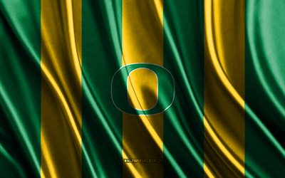 4k, 오리건 덕스 로고, ncaa, 녹색 노란색 실크 질감, 오리건 덕스 깃발, 미식축구 클럽, 실크 깃발, 오리건 덕스 엠블럼, 미국, 오리건 덕스 배지, 오리건 오리