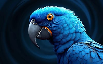 ara giacinto, 4k, opera d'arte, grande pappagallo blu, anodorhynchus hyacinthinus, sfondo astratto blu, pappagalli, ara blu, bellissimi uccelli, pappagalli art, uccelli blu