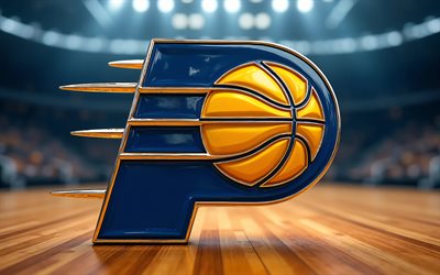 4k, indiana pacers 3d logotyp, bokeh, basketstadion bakgrund, nba, kreativ, basketboll, indiana pacers logotyp, indiana pacers logotyp i metall, amerikansk basketlag, indiana pacers