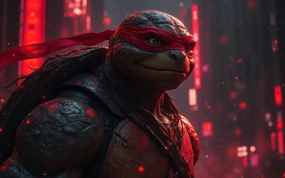 4k, 라파엘, 밤, 거리, 십대 돌연변이 닌자 거북이, 붉은 빛, 창의적인, tmnt 문자, 3d 아트, 돌연변이 거북이, 라파엘 3d, tmnt, 닌자 거북이, 라파엘 4k