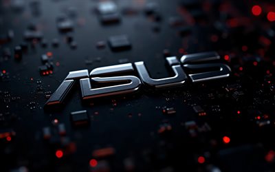 Asus black dark metal logo, 4k, black motherboard, Asus metal logo, Asus emblem, Asus dark metal sign, Asus logo, black technology background, Asus