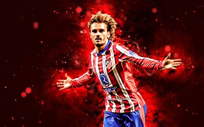 4k, antoine griezmann, bakground abstrait rouge, atletico madrid fc, la liga, footballeurs français, antoine griezmann 4k, néons rouges, football, laliga, antoine griezmann atletico madrid