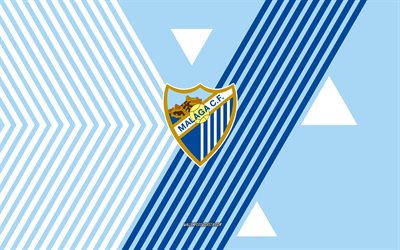 logo malaga cf, 4k, équipe de football espagnole, fond de lignes blanches bleues, malaga cf, segunda, espagne, ligne d'art, malaga cf emblem, football
