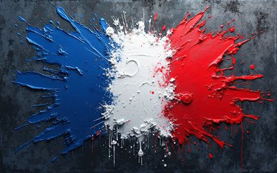 French flag, 4k, flag of France, French paint splashes flag, grunge art, France, black stone background, paint art, France flag