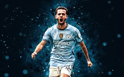 4k, Bernardo Silva, blue abstract background, Manchester City FC, Premier League, Portuguese footballers, Bernardo Silva 4K, blue neon lights, football, soccer, Bernardo Silva Manchester City