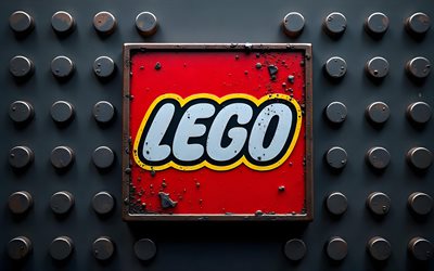 logo lego metal, 4k, grunge art, sfondi della griglia metallica, logo 3d lego, creativo, logo lego, marchi di giocattoli, lego, logo dei marchi