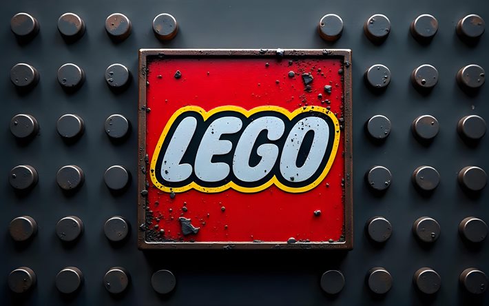 logo lego metal, 4k, grunge art, sfondi della griglia metallica, logo 3d lego, creativo, logo lego, marchi di giocattoli, lego, logo dei marchi