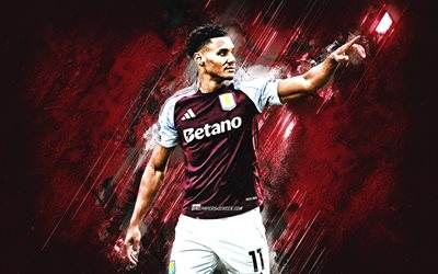 Ollie Watkins, Aston Villa FC, English footballer, Burgundy stone background, grunge art, Oliver George Arthur Watkins, Premier League, England, football, Ollie Watkins Aston Villa