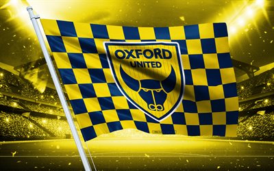 4k, oxford united fc logosu, ingiliz futbol kulübü, stadyum bayrağı, oxford united fc hayranları bayrağı, sarı mavi bayrak, oxford united fc amblemi, şampiyonluk, ingiltere, futbol, oxford united fc
