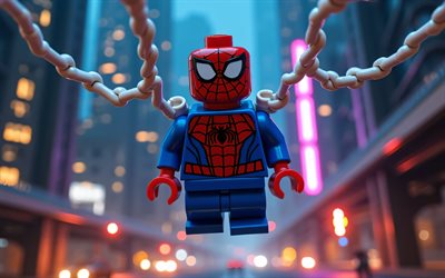 4k, araignée, paysage nocturne, super héros, lego art, comics marvel, spider man lego, art 3d, spider man 3d, fan art, spider man 4k