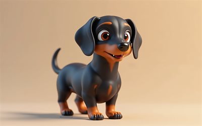 4k, netter 3d  dachshund, cartoon 3d dachshund, süße tiere, dackel, 3d  tiere, cartoon 3d  tiere, lustiger dachshund, kleiner dachshund, 3d  hunde