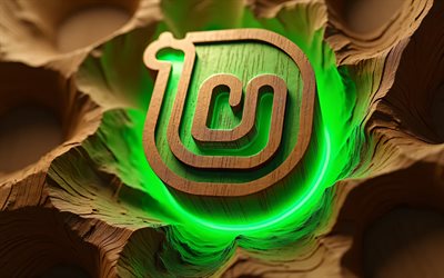 4k, logotipo de madera de mint linux, creativo, marcas del sistema operativo, fondo de madera, linux, luces de neón verde, obra de arte, logotipo de linux mint 3d, logotipo de las marcas, logotipo de linux mint, marcas, menta linux