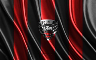 4k, DC United logo, MLS, red black silk texture, DC United flag, American soccer team, soccer, silk flag, DC United emblem, USA, DC United badge, DC United