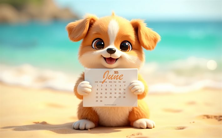 calendario de junio de 2025, 4k, calendario de junio 2025 con perro, verano 2025, calendario de junio 2025, antecedentes de verano, 2025 calendarios, junio