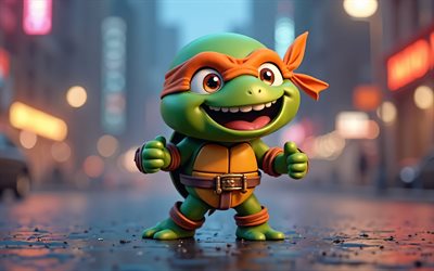 michel ange, 4k, art de chibi, paysage nocturne, teenage mutant ninja turtles, art 3d, caractères tmnt, tortues mutées, michel ange chibi, tortues ninja, tmnt, michel ange tmnt
