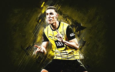 nico schlotterbeck, borussia dortmund, alman futbolcu, sarı taş arka plan, grunge art, bundesliga, almanya, futbol, bvb, nico schlotterbeck borussia dortmund