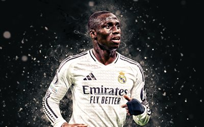4k, ferland mendy, antecedentes abstratos pretos, real madrid fc, la liga, jogadores de futebol francês, luzes de neon brancas, ferland mendy 4k, futebol, real madrid cf, laliga, ferland mendy real madrid