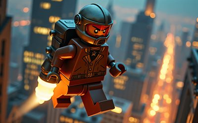 4k, raketti, yömaisema, supersankarit, lego  taide, dc  sarjakuvat, rocketeer lego, 3d  taide, rocketeer 3d, fani  taide, rocketeer 4k