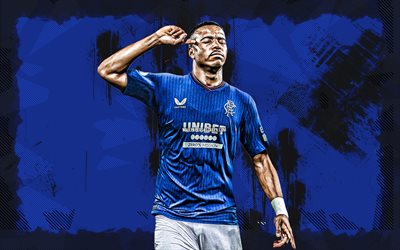 4k, Hamza Igamane, blue grunge background, Rangers FC, Scottish Premiership, Moroccan footballers, Hamza Igamane 4K, football, soccer, Hamza Igamane Rangers