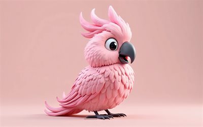 4k, netter 3d  rosa kakadu, cartoon 3d pink cockatoo, süße vögel, rosa kakadu, 3d  vögel, cartoon 3d vögel, lustiger waschbär, kleiner rosa kakadu, rosa hintergrund, kakadu