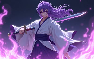 カムイ・ガクポ, 4k, 戦い, ボーカロイド, 着物, 剣, 紫色の火の炎, ボーカロイド文字, 漫画, バイオレットの目, カムイ・ガクポ・ボーカロイド