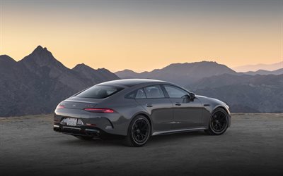4k, mercedes amg gt 63 s e rendimiento de 4 puertas coupé, visión trasera, 2025 autos, x290, atardecer, desierto, gray mercedes amg gt 63 s, 2025 mercedes amg gt 63 s, autos alemanes, mercedes