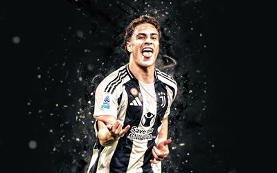 Kenan Yildiz, 4k, white neon lights, Juventus FC, Serie A, turkish footballers, Kenan Yildiz 4K, football, soccer, Juve, Juventus, Kenan Yildiz Juventus