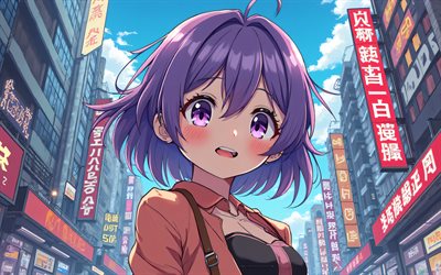 4k, Yuzuki Yukari, street, Vocaloid, protagonist, girl with purple hair, cityscape, manga, Vocaloid characters, japanese virtual singers, Yuzuki Yukari Vocaloid