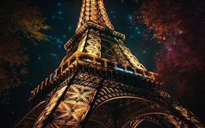 Eiffel Tower, 4k, night, autumn, Paris landmarks, city lights, french cities, Paris, France, Eiffel Tower at night, Europe