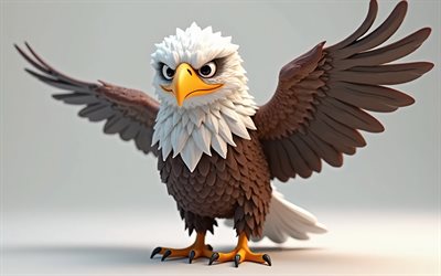 4k, süßer 3d  weißkopfseeadler, cartoon 3d  weißkopfseeadler, süße vögel, weißkopfseeadler, 3d  vögel, cartoon 3d vögel, lustiger weißkopfseeadler, kleiner weißkopfseeadler