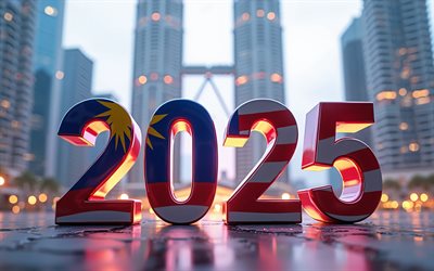 2025 Malaysia, 4k, Kuala Lumpur 2025, travel to Malaysia 2025, Malaysia 2025 digits, 3d art, Malaysia flag, 2025 3d digits, Malaysia, Petronas Towers, 2025 concepts