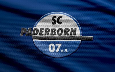 sc paderborn 07 logo, 4k, خلفية النسيج الأزرق, 2 البوندسليجا, خوخه, كرة القدم, شعار sc paderborn 07, sc paderborn 07 emblem, sc paderborn 07, نادي كرة القدم الألماني, spaderborn fc