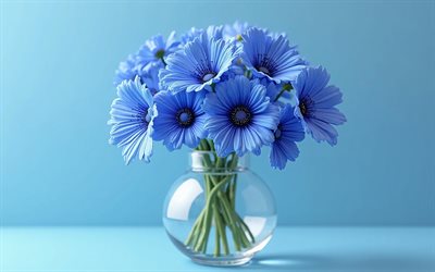 bouquet di flussi di corn, vaso di vetro, flussi di corn 3d, sfondo blu, fiori 3d, bouquet di corn flussi, fiori primaverili, flussi di corn
